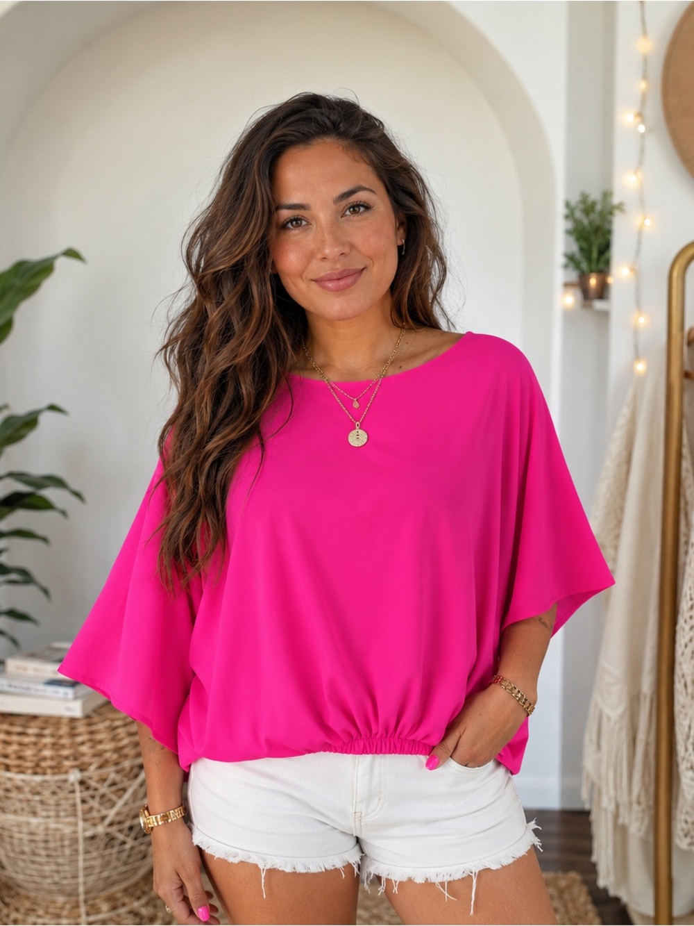 Trina Turk Pink Fuchsia Dolman Sleeve Blouson Blouse | Size Small